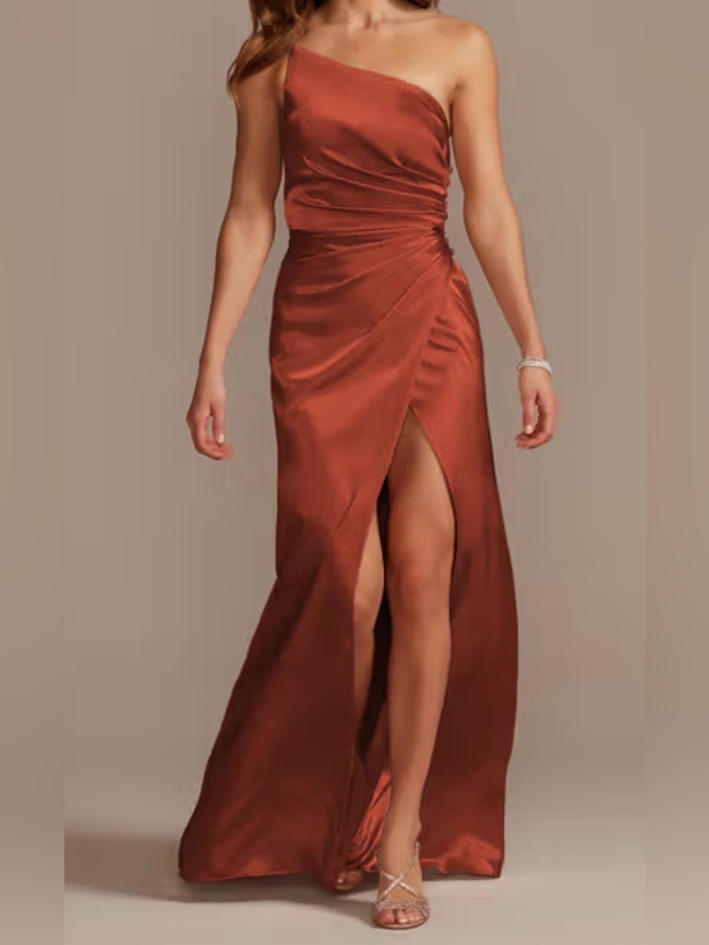 One-Shoulder Satin Evening Gown in Tawny
